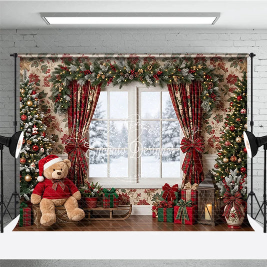 Lofaris Cozy Christmas Holiday Backdrop with Snowy Window Decorated Trees and Festive Plaid Gifts for Winter Celebrations.