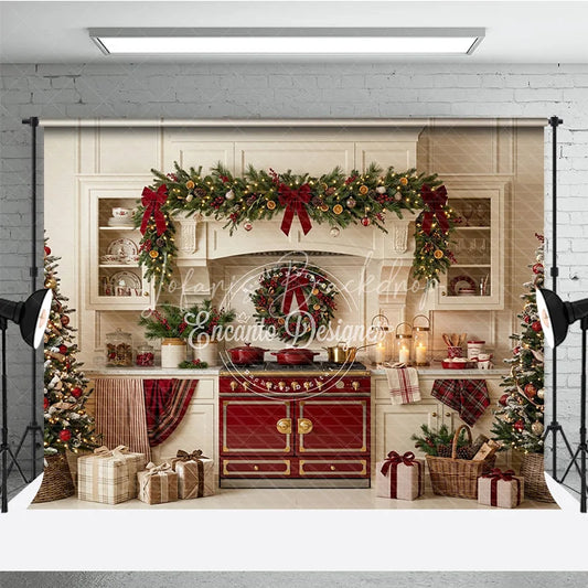 Lofaris Cozy Christmas Kitchen Holiday Backdrop with Festive Garland and Decorated Trees Elegant Seasonal Celebration Decor