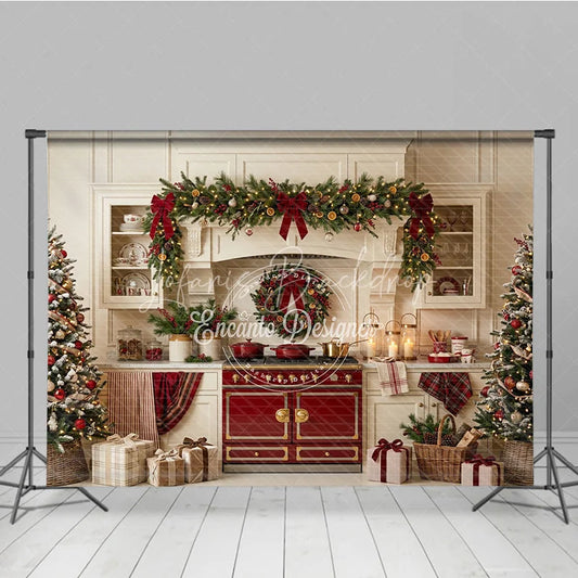 Lofaris Cozy Christmas Kitchen Holiday Backdrop with Festive Garland and Decorated Trees Elegant Seasonal Celebration Decor