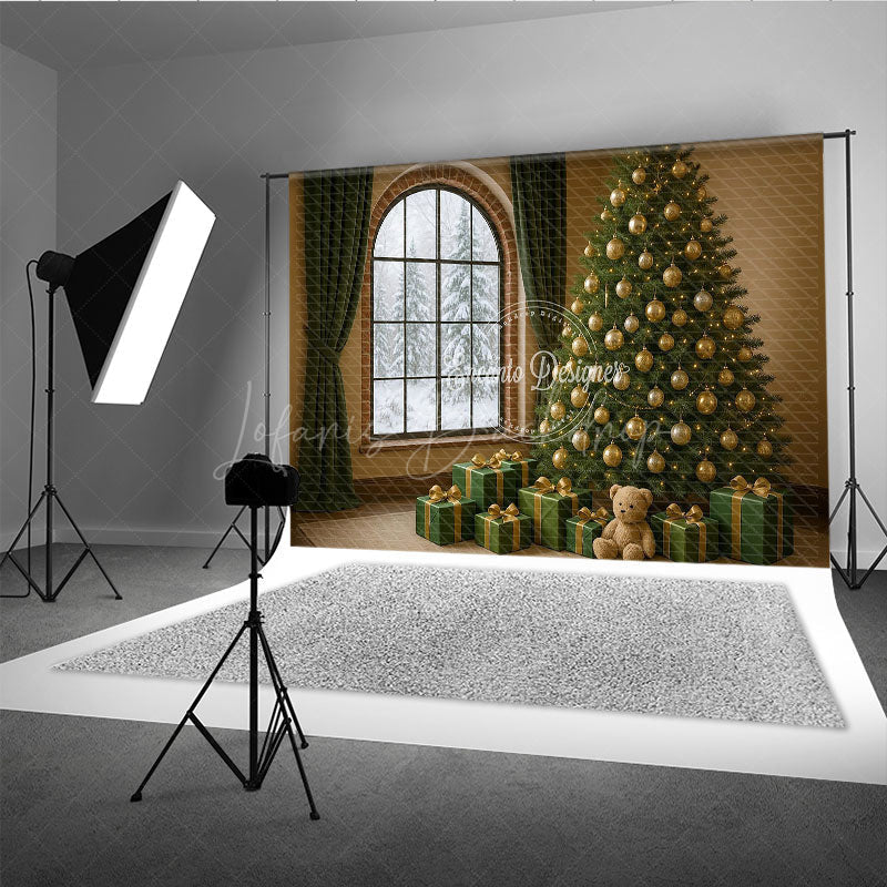 Lofaris Cozy Christmas Room Photography Backdrop Snowy Window with Green and Gold Tree Elegant Holiday Photo Background