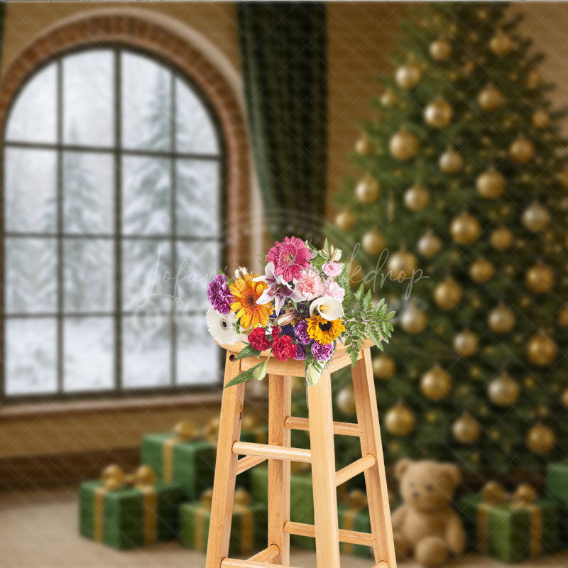 Lofaris Cozy Christmas Room Photography Backdrop Snowy Window with Green and Gold Tree Elegant Holiday Photo Background