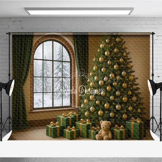 Lofaris Cozy Christmas Room Photography Backdrop Snowy Window with Green and Gold Tree Elegant Holiday Photo Background