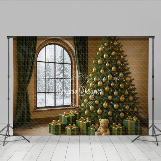 Lofaris Cozy Christmas Room Photography Backdrop Snowy Window with Green and Gold Tree Elegant Holiday Photo Background