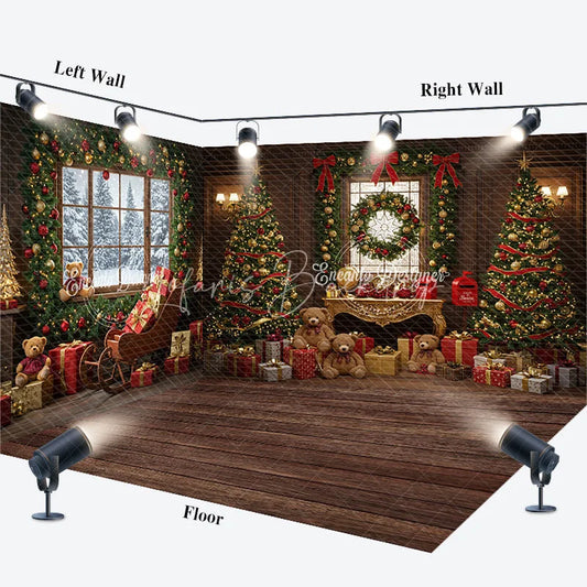 Lofaris Cozy Christmas Room Set Backdrop with Snowy Window Teddy Bears Sleigh and Wood Floor Holiday Photo Studio