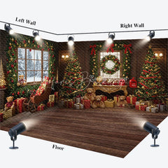 Lofaris Cozy Christmas Room Set Backdrop with Snowy Window Teddy Bears Sleigh and Wood Floor Holiday Photo Studio