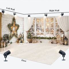 Lofaris Cozy Christmas Snowy Winter Village Room Set Backdrop with Festive Tree Star Wreath Wood Wall for Holiday Decor