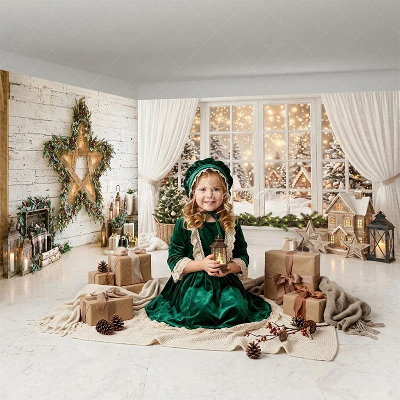 Lofaris Cozy Christmas Snowy Winter Village Room Set Backdrop with Festive Tree Star Wreath Wood Wall for Holiday Decor