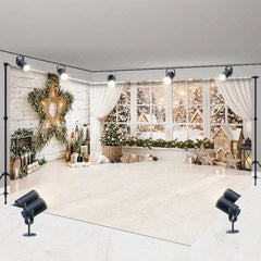 Lofaris Cozy Christmas Snowy Winter Village Room Set Backdrop with Festive Tree Star Wreath Wood Wall for Holiday Decor