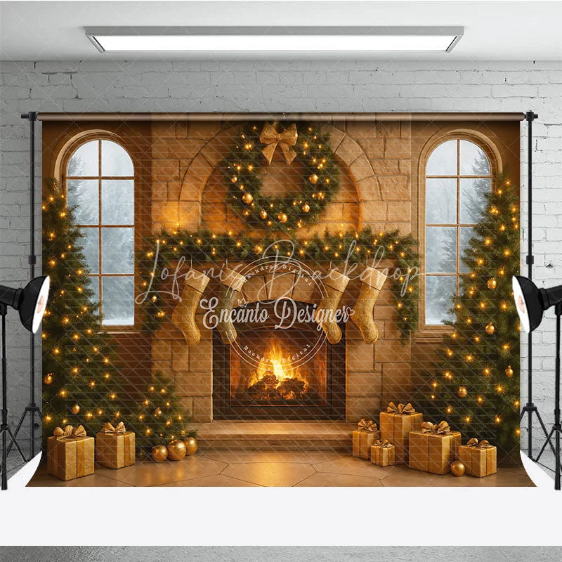 Lofaris Cozy Christmas Stone Fireplace Photography Backdrop Stockings and Trees Snowy Window Holiday Background