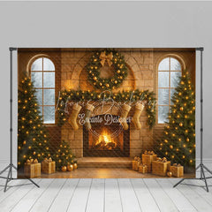 Lofaris Cozy Christmas Stone Fireplace Photography Backdrop Stockings and Trees Snowy Window Holiday Background