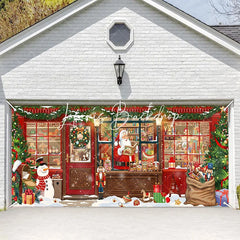 Lofaris Cozy Christmas Toy Shop with Santa Snowman and Gifts Garage Door Banner Festive Winter Holiday Decor