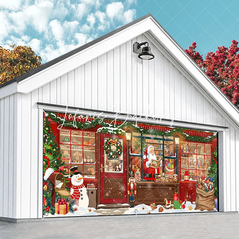 Lofaris Cozy Christmas Toy Shop with Santa Snowman and Gifts Garage Door Banner Festive Winter Holiday Decor