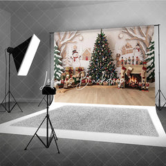 Lofaris Cozy Christmas Tree and Gingerbread House Photography Backdrop with Snowman Fireplace Winter Holiday Decor