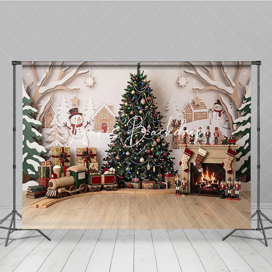 Lofaris Cozy Christmas Tree and Gingerbread House Photography Backdrop with Snowman Fireplace Winter Holiday Decor