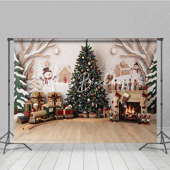 Lofaris Cozy Christmas Tree and Gingerbread House Photography Backdrop with Snowman Fireplace Winter Holiday Decor