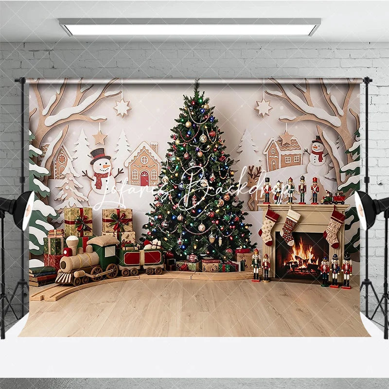 Lofaris Cozy Christmas Tree and Gingerbread House Photography Backdrop with Snowman Fireplace Winter Holiday Decor