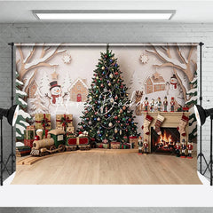 Lofaris Cozy Christmas Tree and Gingerbread House Photography Backdrop with Snowman Fireplace Winter Holiday Decor