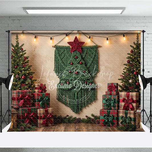 Lofaris Cozy Christmas Tree and Macrame Wall Hanging Holiday Backdrop Festive Gift Boxes String Lights Decor