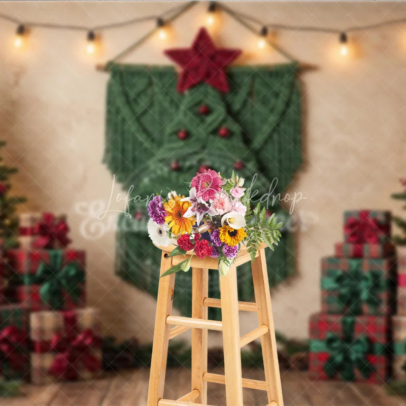 Lofaris Cozy Christmas Tree and Macrame Wall Hanging Holiday Backdrop Festive Gift Boxes String Lights Decor