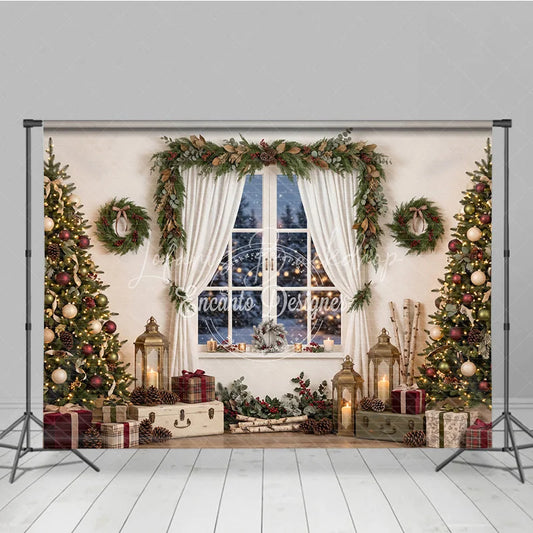 Lofaris Cozy Christmas Tree and Window Holiday Backdrop Festive Winter Wonderland Scene with Gifts Lanterns