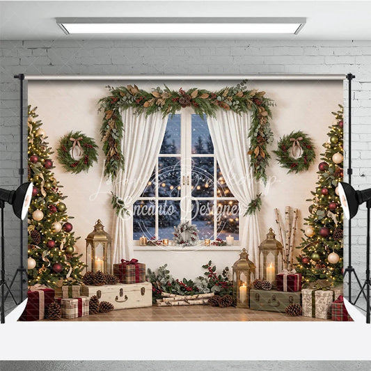Lofaris Cozy Christmas Tree and Window Holiday Backdrop Festive Winter Wonderland Scene with Gifts Lanterns