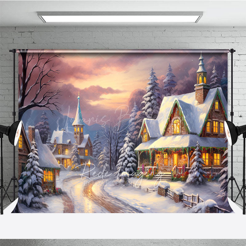 Lofaris Cozy Christmas Village Photography Backdrop Painterly Snow Scene at Sunset Holiday Cottage Photo Background