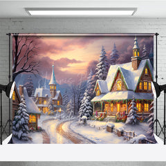 Lofaris Cozy Christmas Village Photography Backdrop Painterly Snow Scene at Sunset Holiday Cottage Photo Background