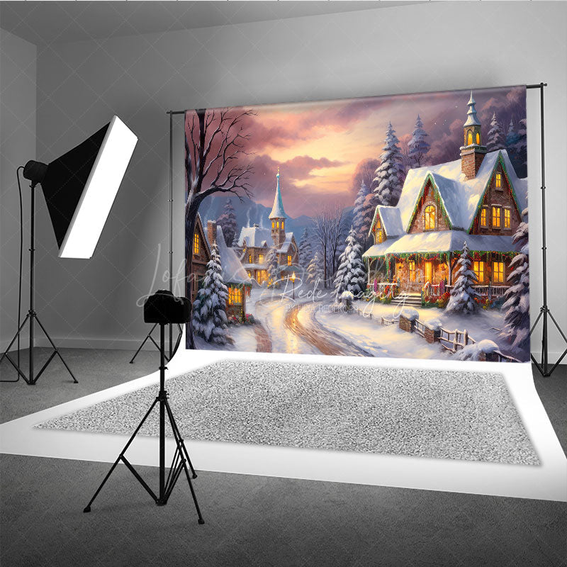 Lofaris Cozy Christmas Village Photography Backdrop Painterly Snow Scene at Sunset Holiday Cottage Photo Background