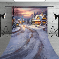 Lofaris Cozy Christmas Village Sweep Backdrop Painterly Snow Scene at Sunset Holiday Cottage Photo Studio Floor Drop