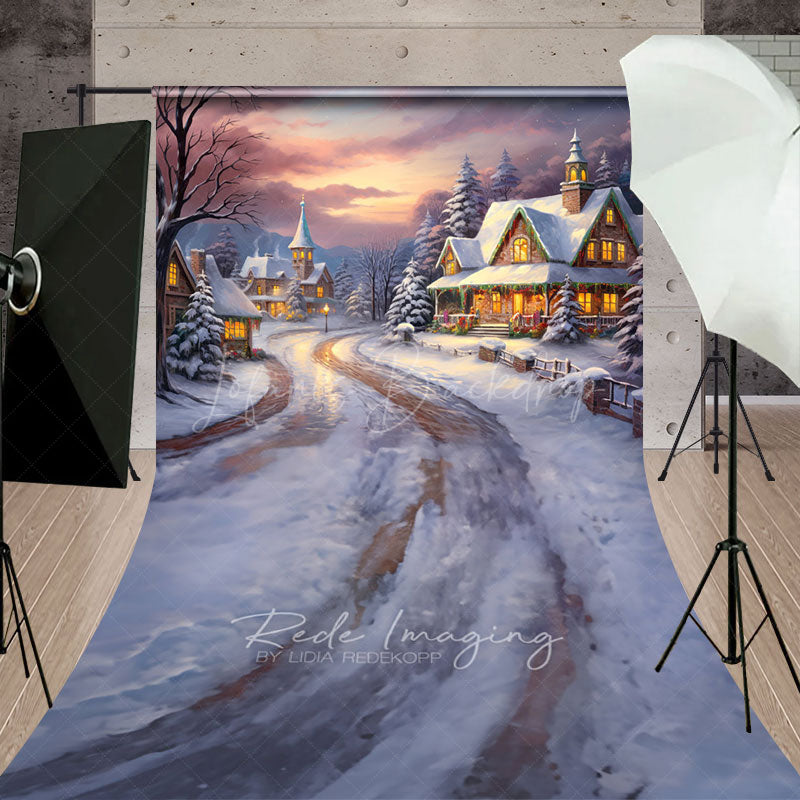 Lofaris Cozy Christmas Village Sweep Backdrop Painterly Snow Scene at Sunset Holiday Cottage Photo Studio Floor Drop