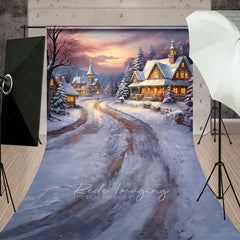 Lofaris Cozy Christmas Village Sweep Backdrop Painterly Snow Scene at Sunset Holiday Cottage Photo Studio Floor Drop