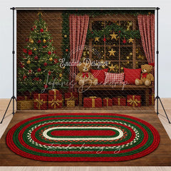 Lofaris Cozy Christmas Window Combo Set Backdrop Rustic Room with Teddy Bears Holiday Braided Rug Photo Floor