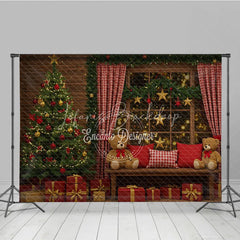 Lofaris Cozy Christmas Window Combo Set Backdrop Rustic Room with Teddy Bears Holiday Braided Rug Photo Floor