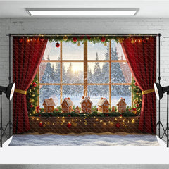 Lofaris Cozy Christmas Window Photography Backdrop Gingerbread Village on Windowsill Snowy Holiday Mini Session Background