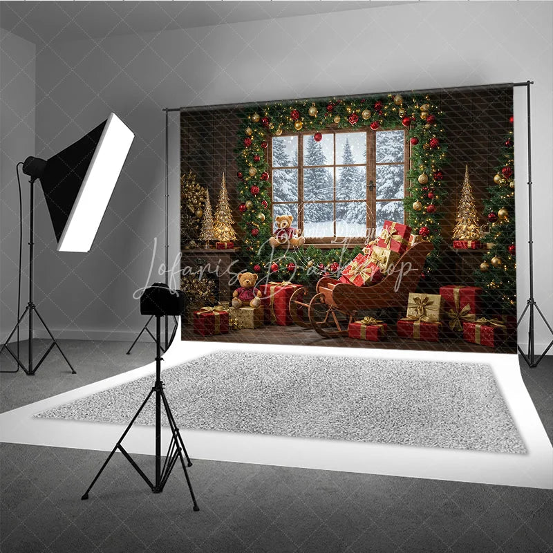 Lofaris Cozy Christmas Window Photography Backdrop Santa’s Sleigh with Teddy Bears Snowy Holiday Mini Session Background