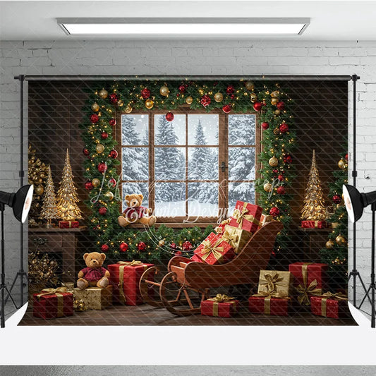 Lofaris Cozy Christmas Window Photography Backdrop Santa’s Sleigh with Teddy Bears Snowy Holiday Mini Session Background