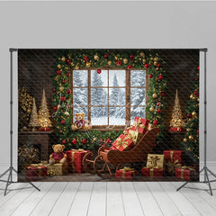 Lofaris Cozy Christmas Window Photography Backdrop Santa’s Sleigh with Teddy Bears Snowy Holiday Mini Session Background
