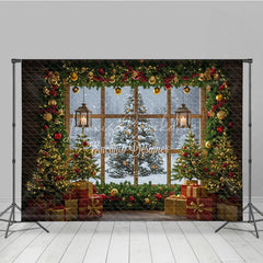 Lofaris Cozy Christmas Window Photography Backdrop Snowy View with Garland and Lanterns Rustic Holiday Photo Background