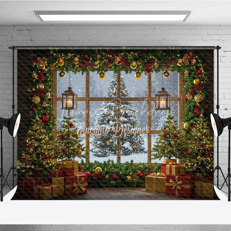 Lofaris Cozy Christmas Window Photography Backdrop Snowy View with Garland and Lanterns Rustic Holiday Photo Background