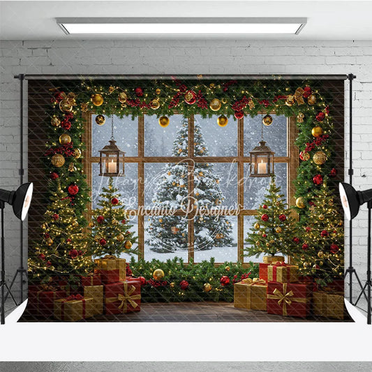 Lofaris Cozy Christmas Window Photography Backdrop Snowy View with Garland and Lanterns Rustic Holiday Photo Background