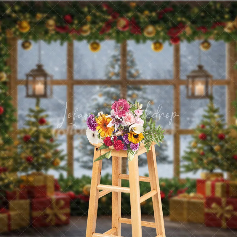 Lofaris Cozy Christmas Window Photography Backdrop Snowy View with Garland and Lanterns Rustic Holiday Photo Background