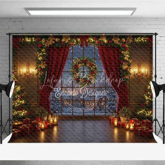 Lofaris Cozy Christmas Window Photography Backdrop Snowy Village View with Red Curtains Holiday Mini Session Background