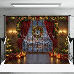 Lofaris Cozy Christmas Window Photography Backdrop Snowy Village View with Red Curtains Holiday Mini Session Background