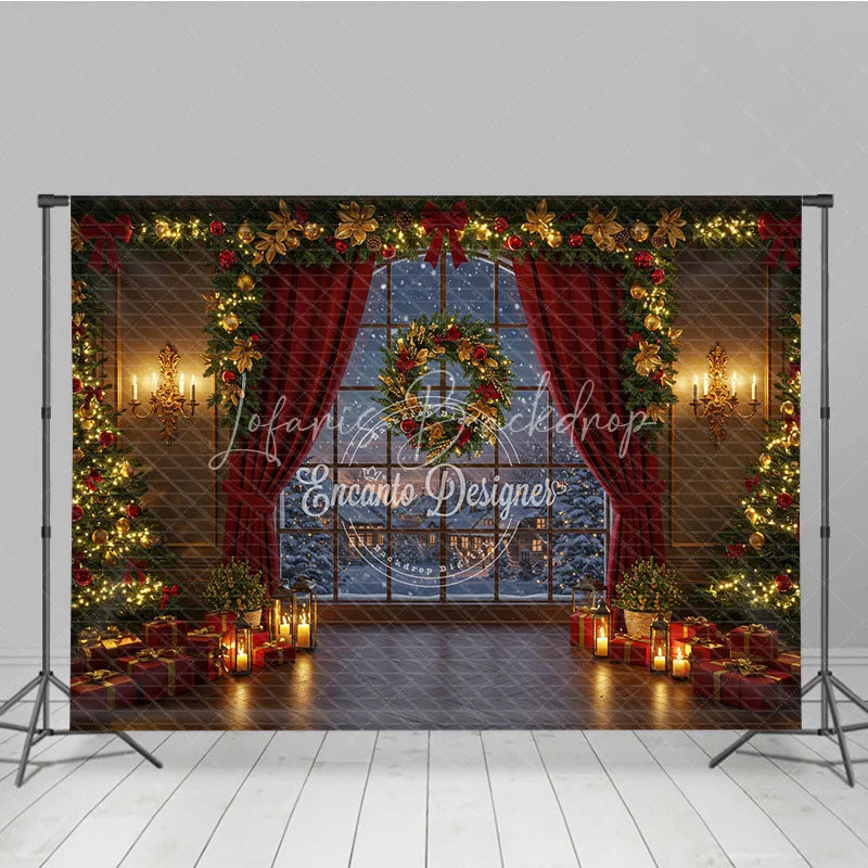 Lofaris Cozy Christmas Window Photography Backdrop Snowy Village View with Red Curtains Holiday Mini Session Background