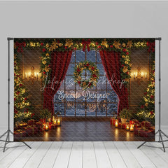 Lofaris Cozy Christmas Window Photography Backdrop Snowy Village View with Red Curtains Holiday Mini Session Background