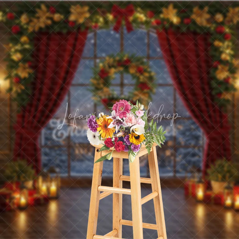 Lofaris Cozy Christmas Window Photography Backdrop Snowy Village View with Red Curtains Holiday Mini Session Background