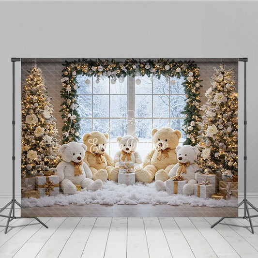 Lofaris Cozy Christmas Window Photography Backdrop Teddy Bear Family in the Snow Holiday Mini Session Background