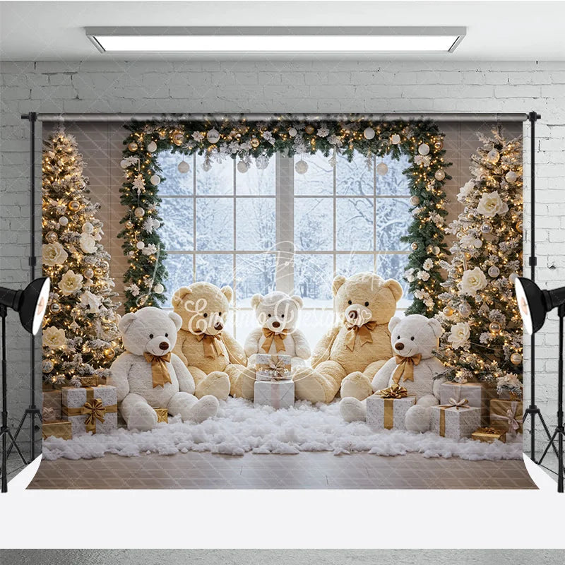 Lofaris Cozy Christmas Window Photography Backdrop Teddy Bear Family in the Snow Holiday Mini Session Background