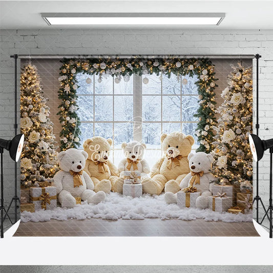 Lofaris Cozy Christmas Window Photography Backdrop Teddy Bear Family in the Snow Holiday Mini Session Background