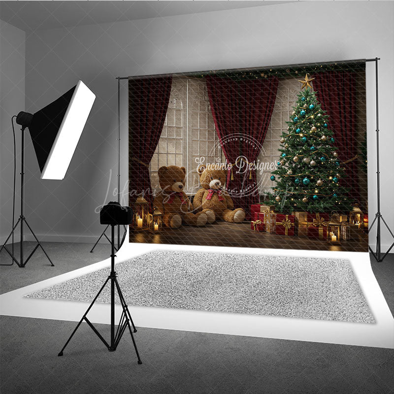 Lofaris Cozy Christmas Window Photography Backdrop Teddy Bears and Tree with Red Curtains Holiday Mini Sessions